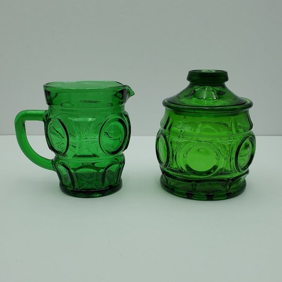Wheaton Glass Emerald Green Bullseye Creamer Sugar Bowl with Lid Circles Panels - Picture 1 of 11